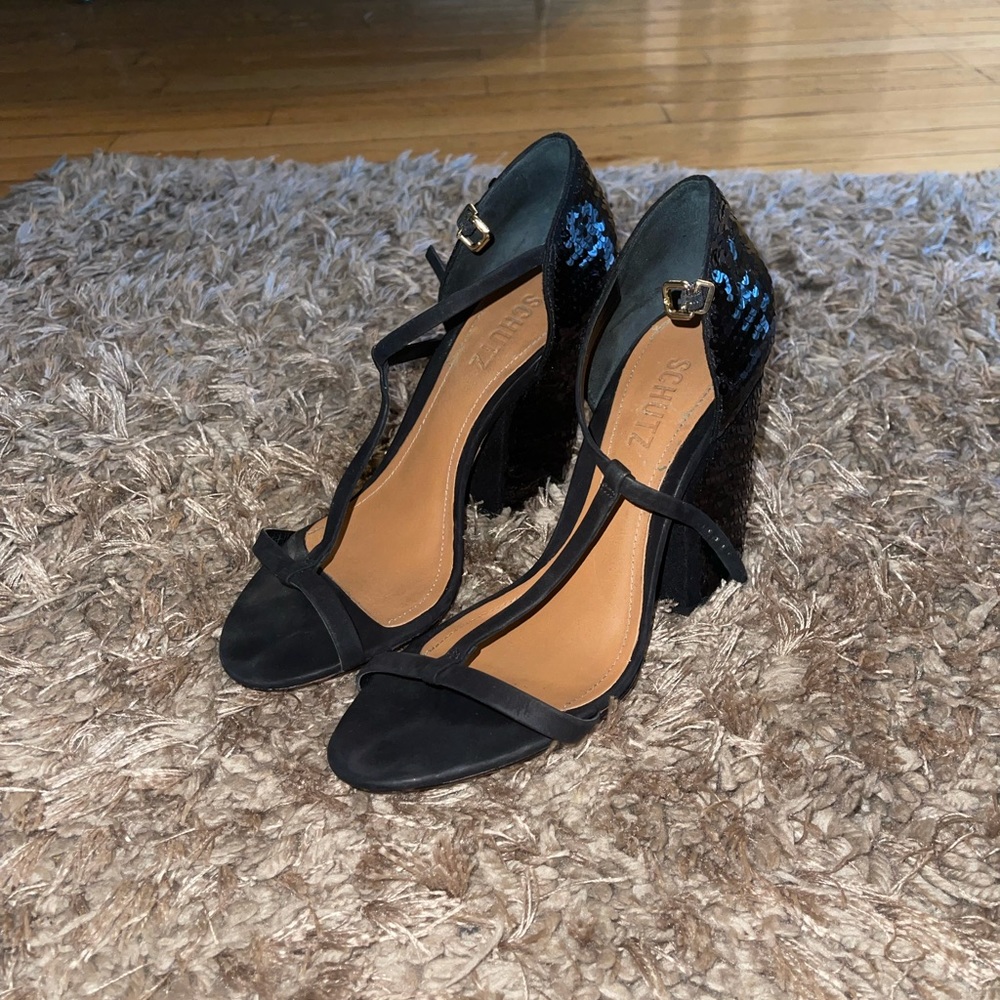 Schutz Chunky T-Strap Sequin Sandal Heel